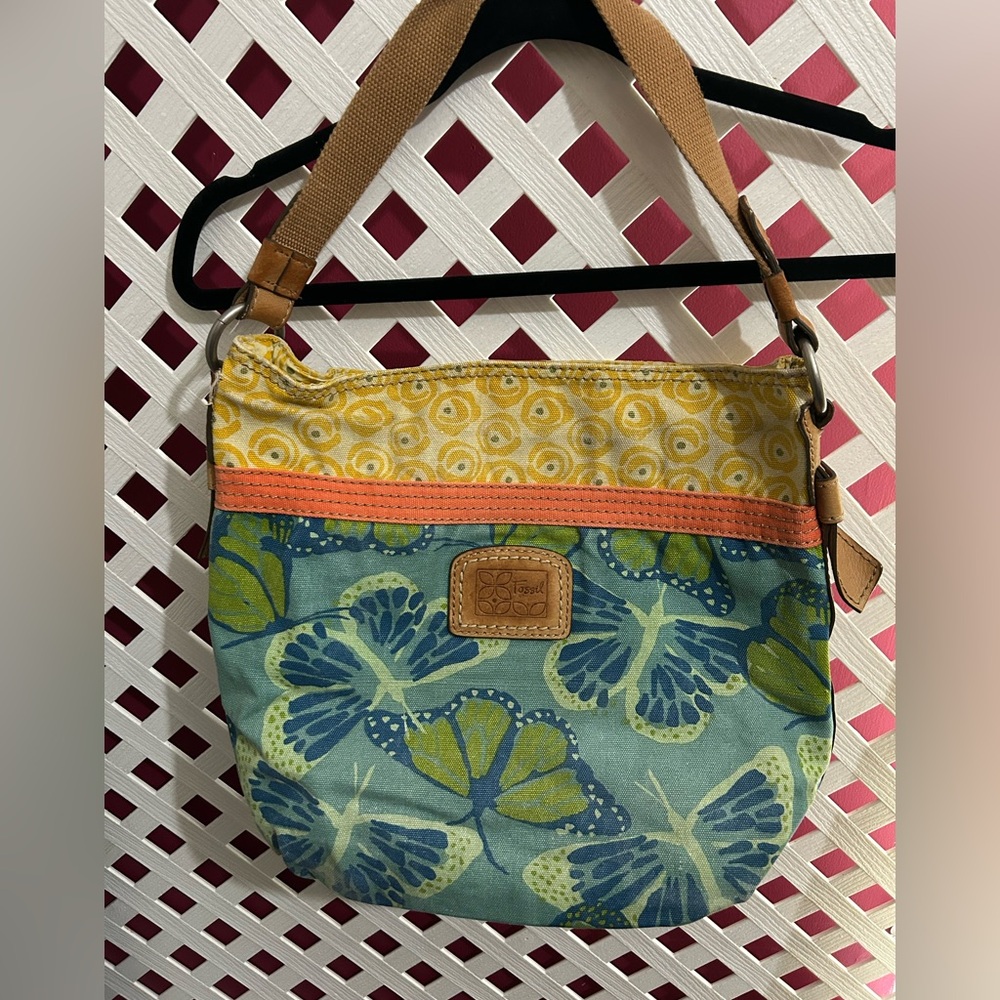 Fossil Teal, Yellow & Orange Floral Butterfly Crossbody Bag